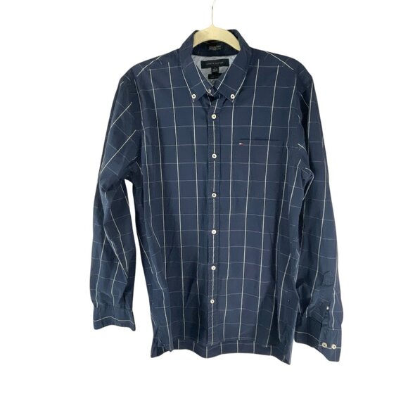 Tommy Hilfiger Men's Navy Blue Button-Down Shirt Windowpane Size M Cotton Blend - Picture 1 of 8